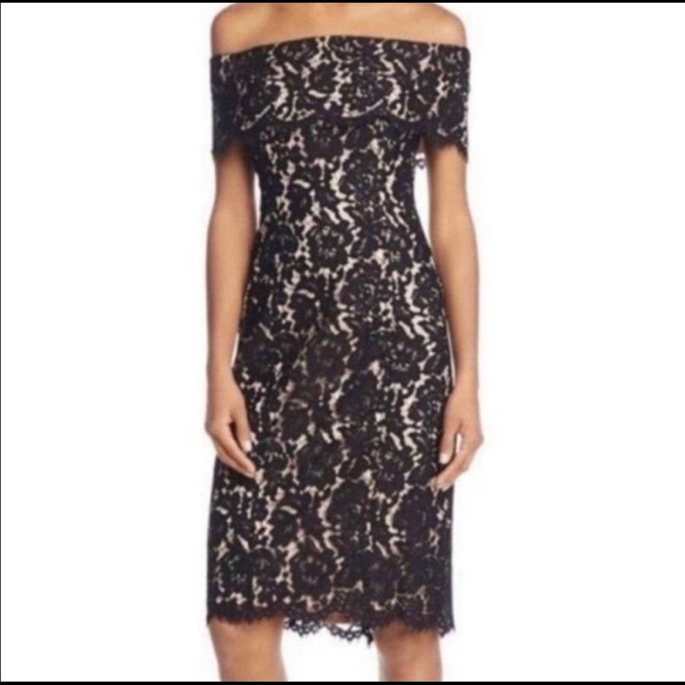 Eliza J Black & Nude Floral Lace Off The Shoulder Midi Dress